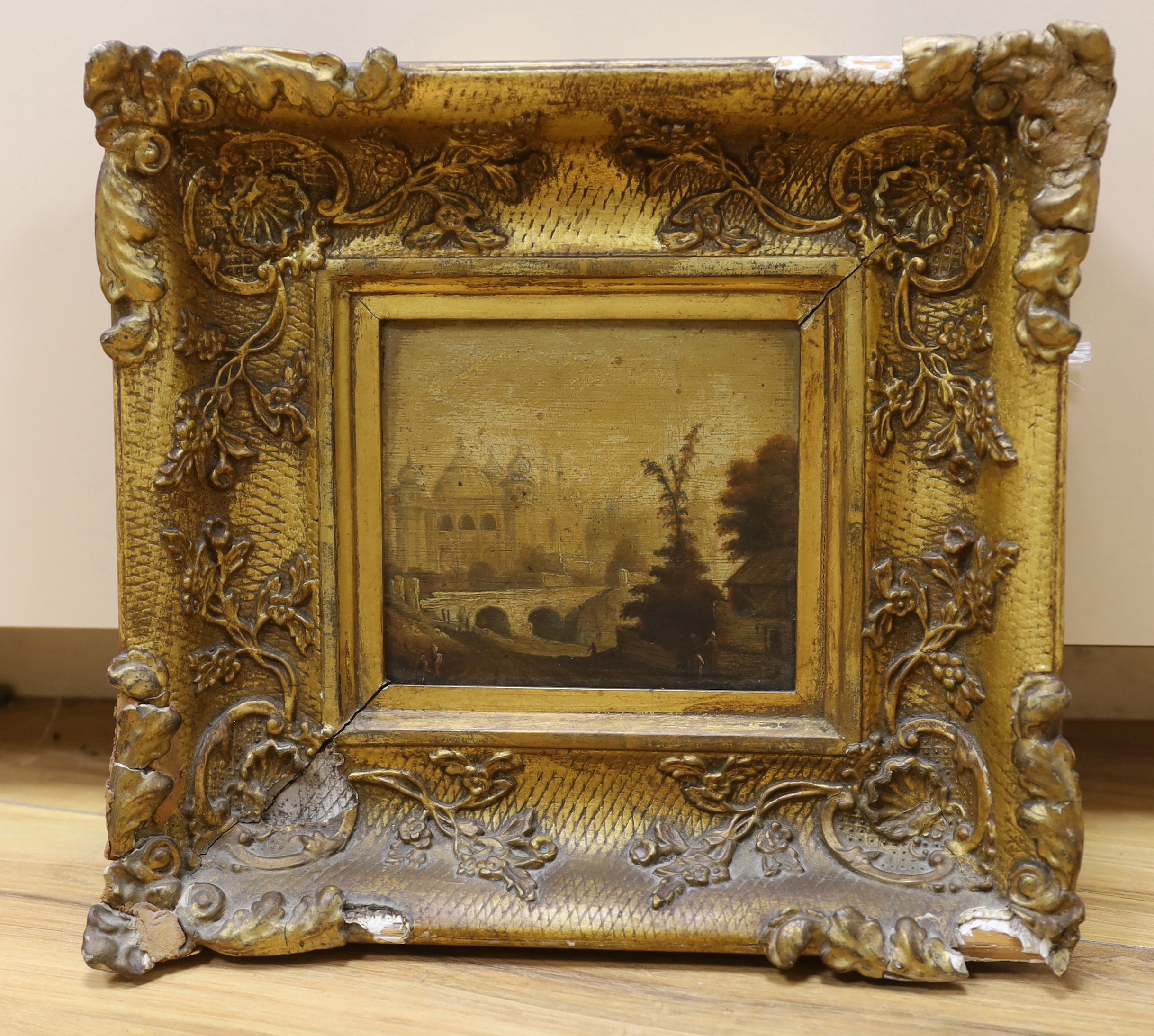 19th century school, oil on wood panel, possibly St Peter's Basilica, ornate gilt framed, 13cm x 11cm